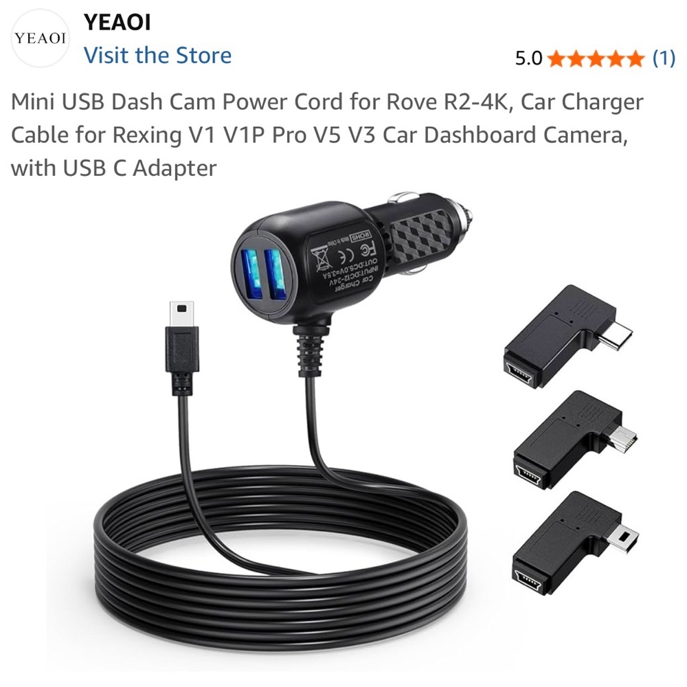 Dash Cam power cord for ROVE R2-4K, car charger cable. NWT